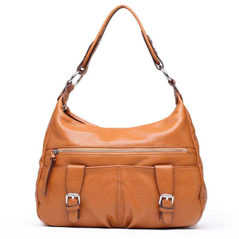 Women's Pleated Large Capacity Leather First Layer Handbags