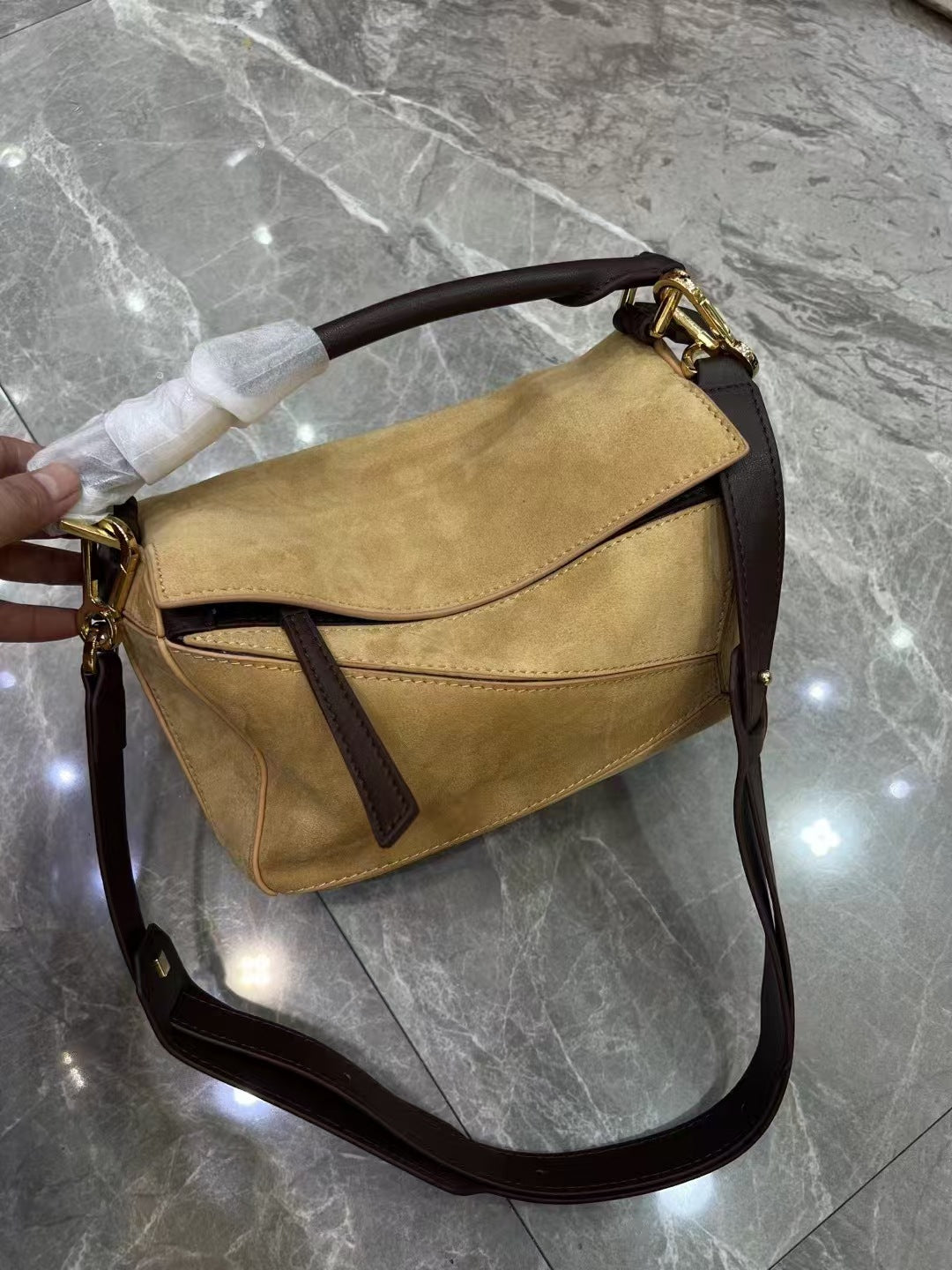 Vintage Geometric Frosted Cowhide Portable Fashion Handbags