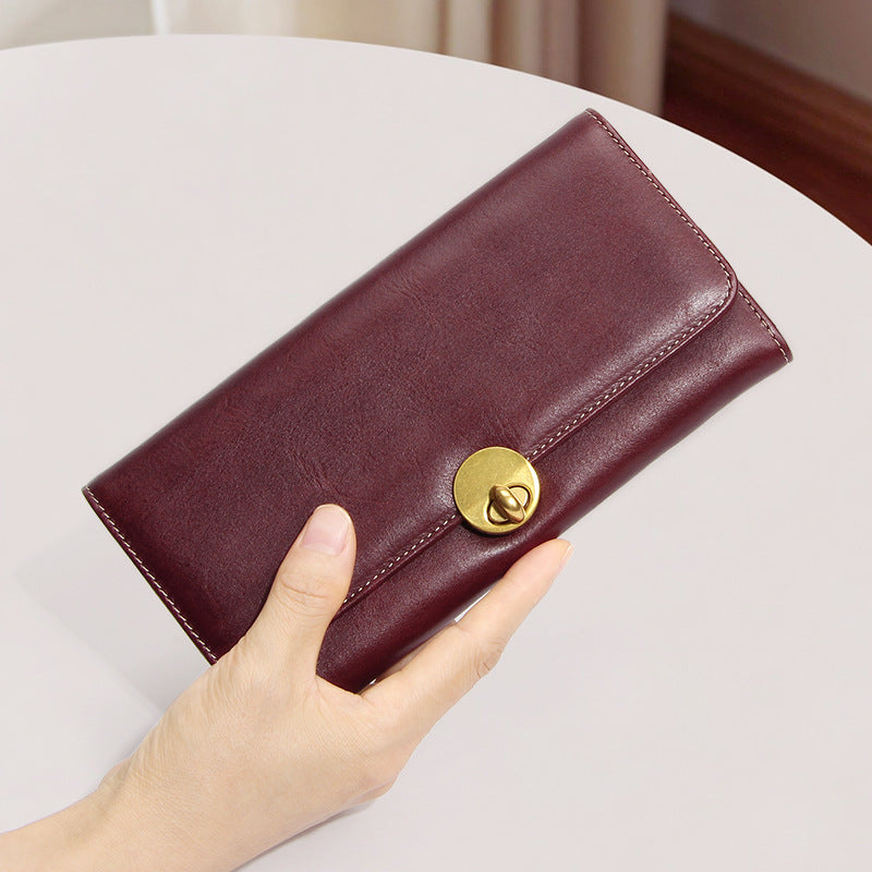 Women's Long Thin First Layer Cowhide Simple Lock