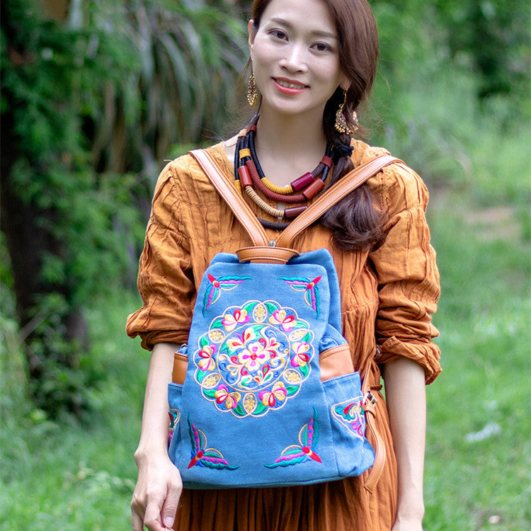 Women's Embroidered Chinese Style Denim Canvas Retro Backpacks