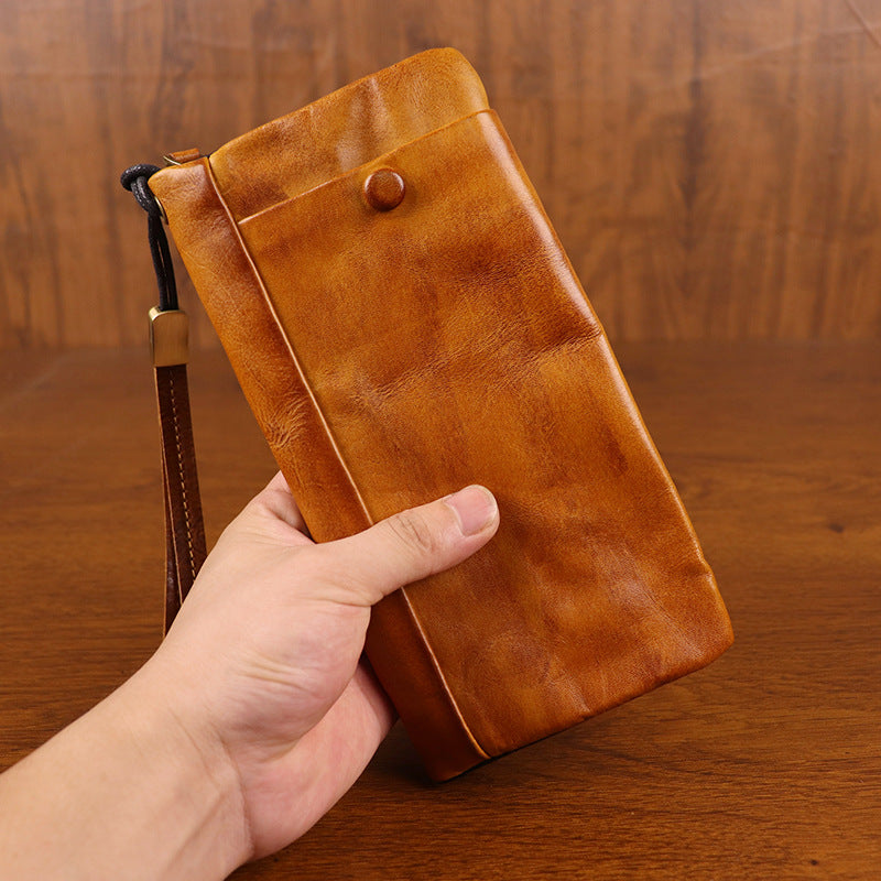 Men's First Layer Cowhide Hand-rub Color Distressed Long Zipper Card Holder