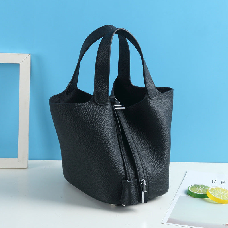 Lychee Pattern Vegetable Basket Genuine Leather Fashion First Layer Handbags