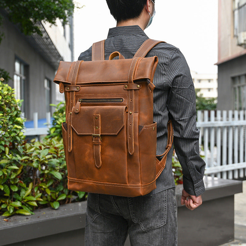 Men's Retro Crazy Horse Leather Large Capacity Backpacks