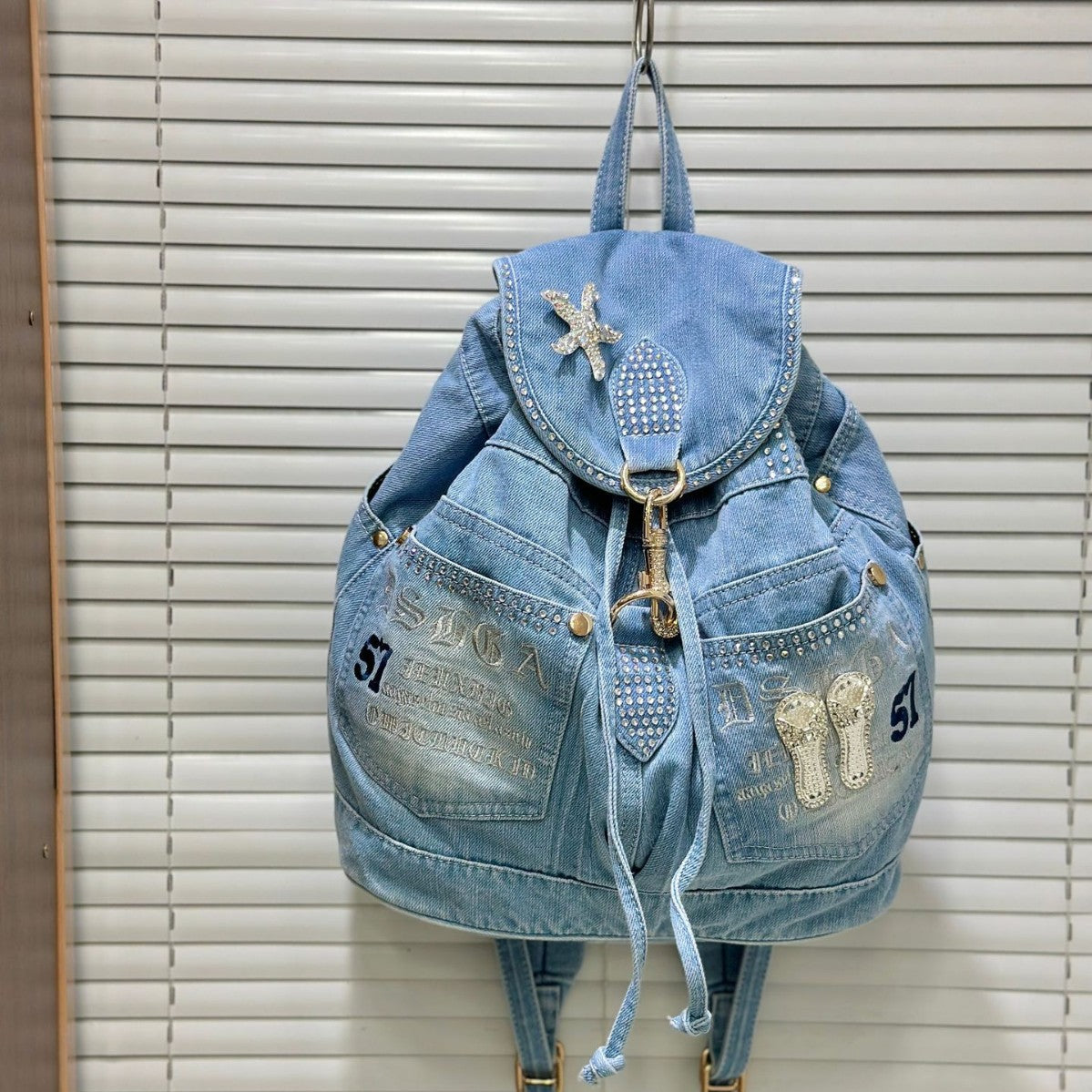 Women's Korean Jean Vintage With Diamonds Leisure Backpacks