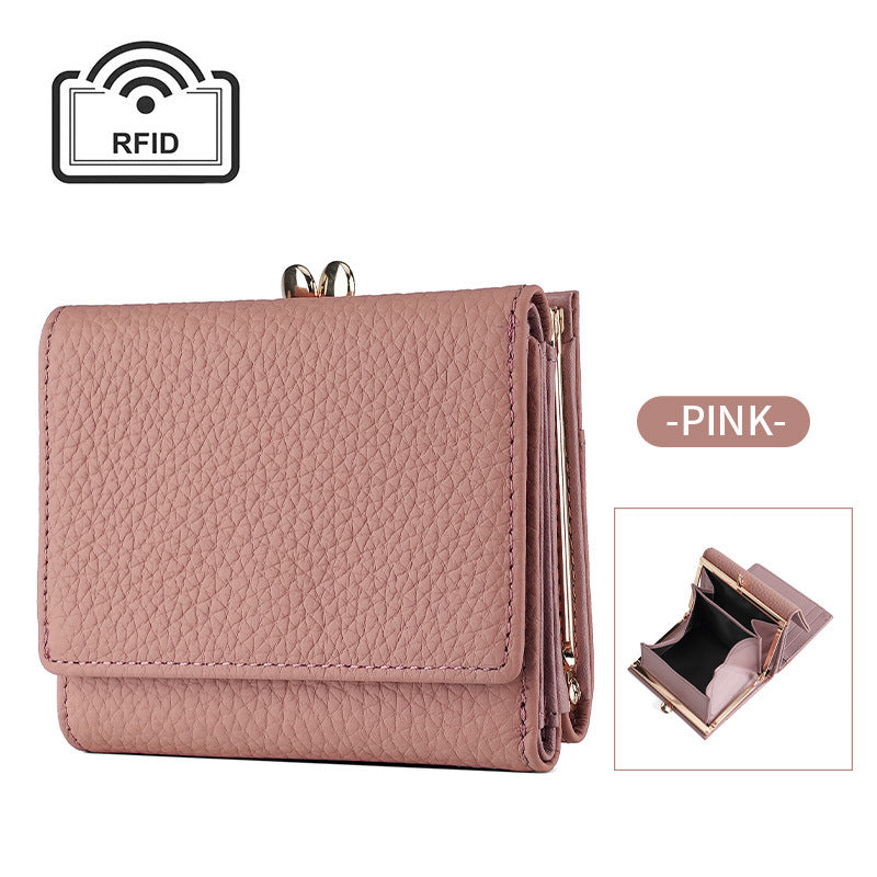 Women's Layer Cowhide Lychee Pattern Tri Fold Ladies Wallets