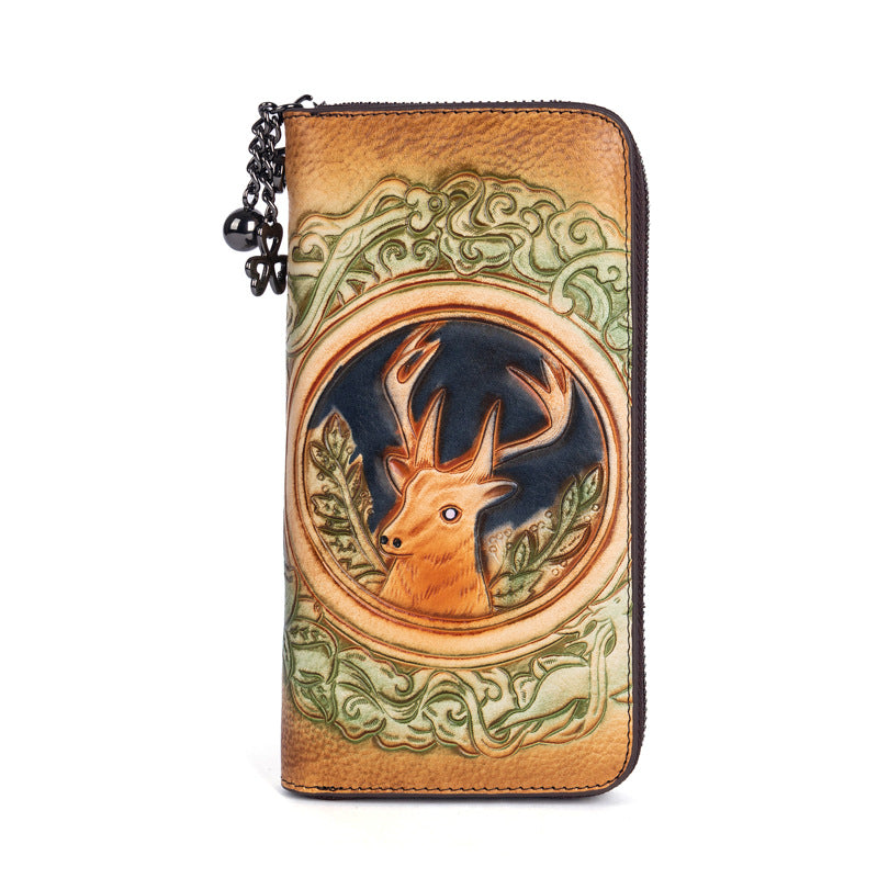 Women's Cowhide Live Broadcast Long Retro Deer Ladies Wallets