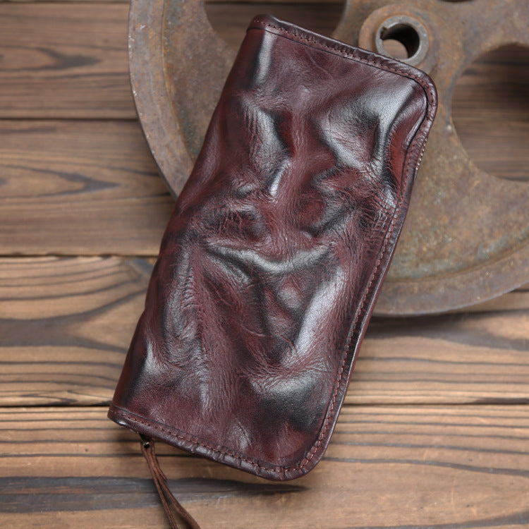 Men's Tanned Washed Business Handmade Long Cowhide Men's Wallets