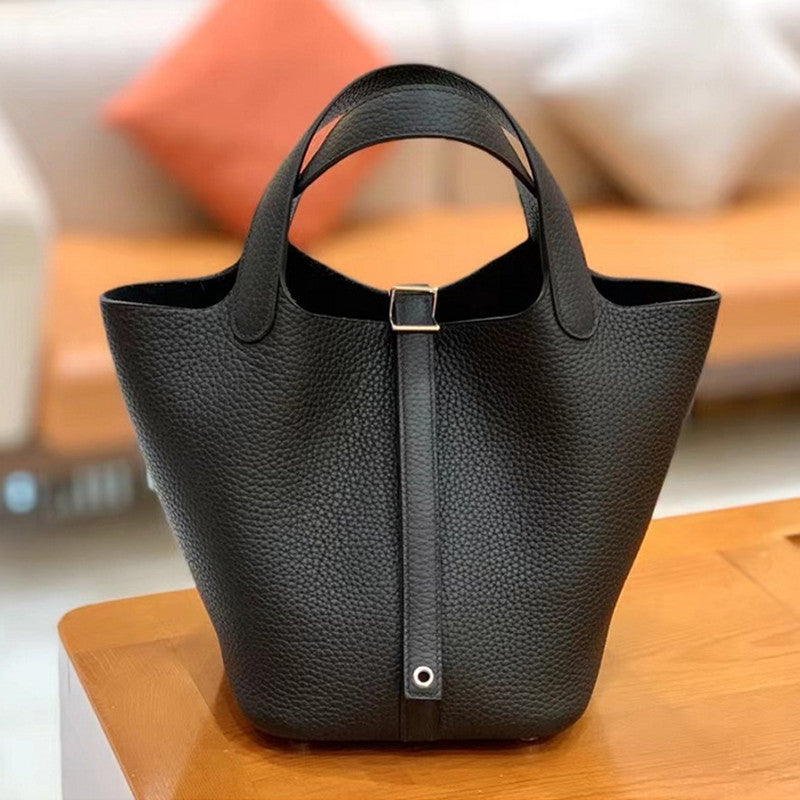 Vegetable Basket Genuine Leather Portable Litchi Handbags