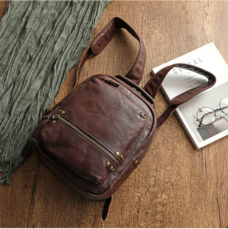 Vegetable Tanning Leather Washing Waxing Polishing Zipper Copper Backpacks