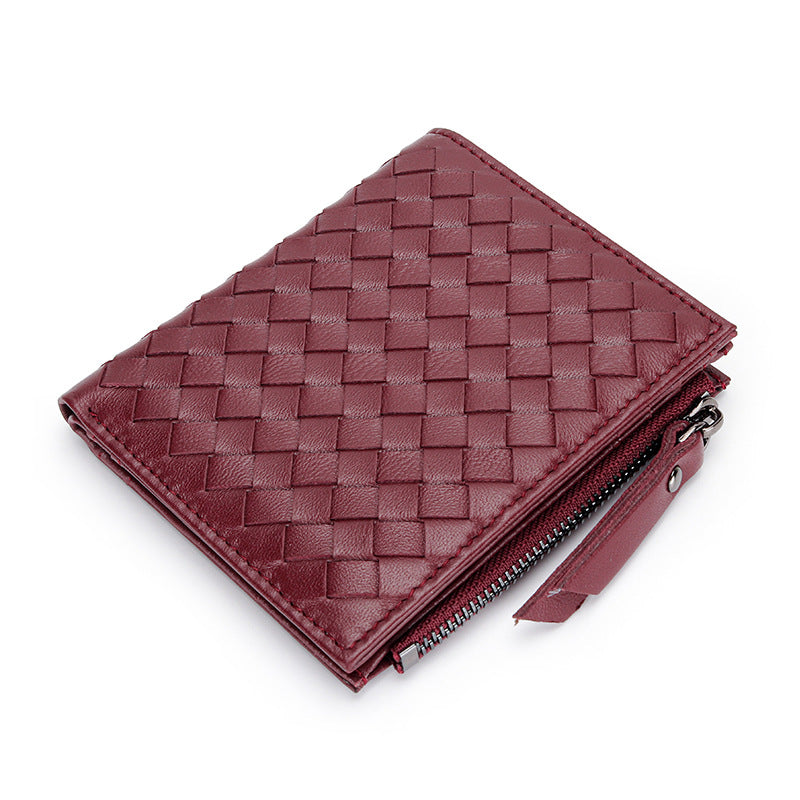 Women's Sheepskin Woven Short Full Leather Vertical Ladies Wallets