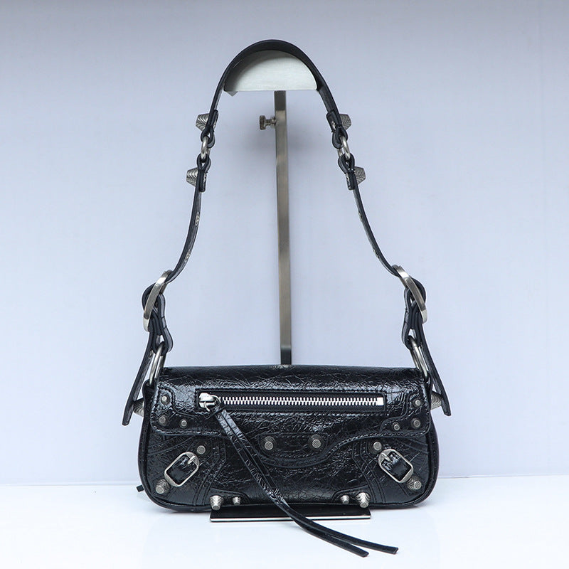 Women's Motorcycle Dark Rivet Baguette Genuine Leather Bags