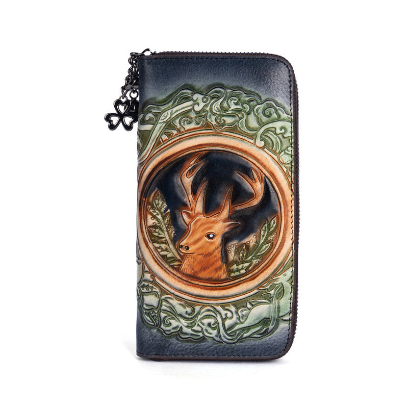 Women's Cowhide Live Broadcast Long Retro Deer Ladies Wallets