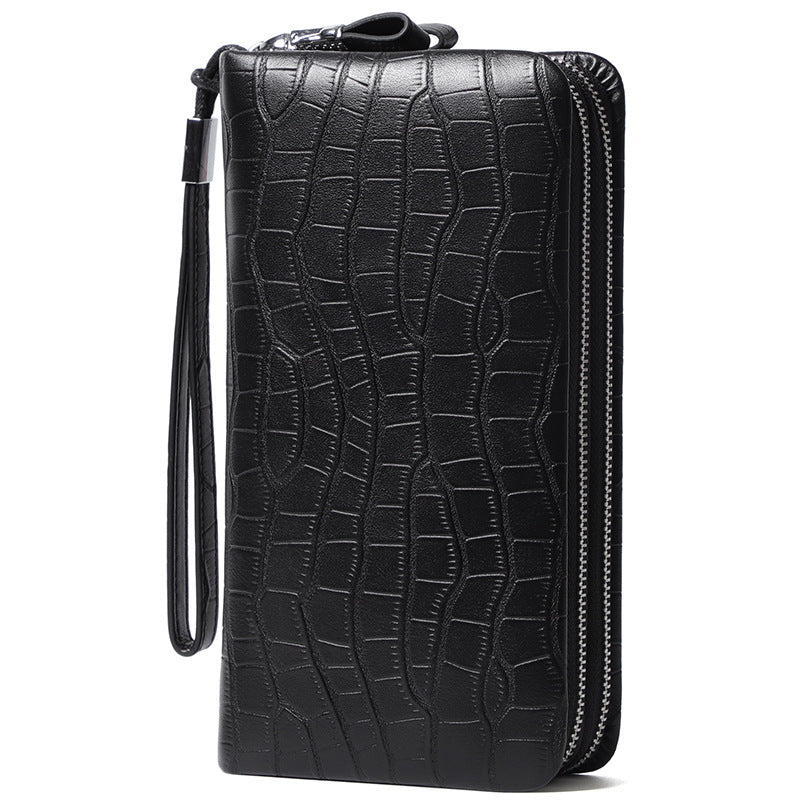Men's Crocodile Pattern Man's Genuine Leather Double Zipper Long Multiple Men's Wallets