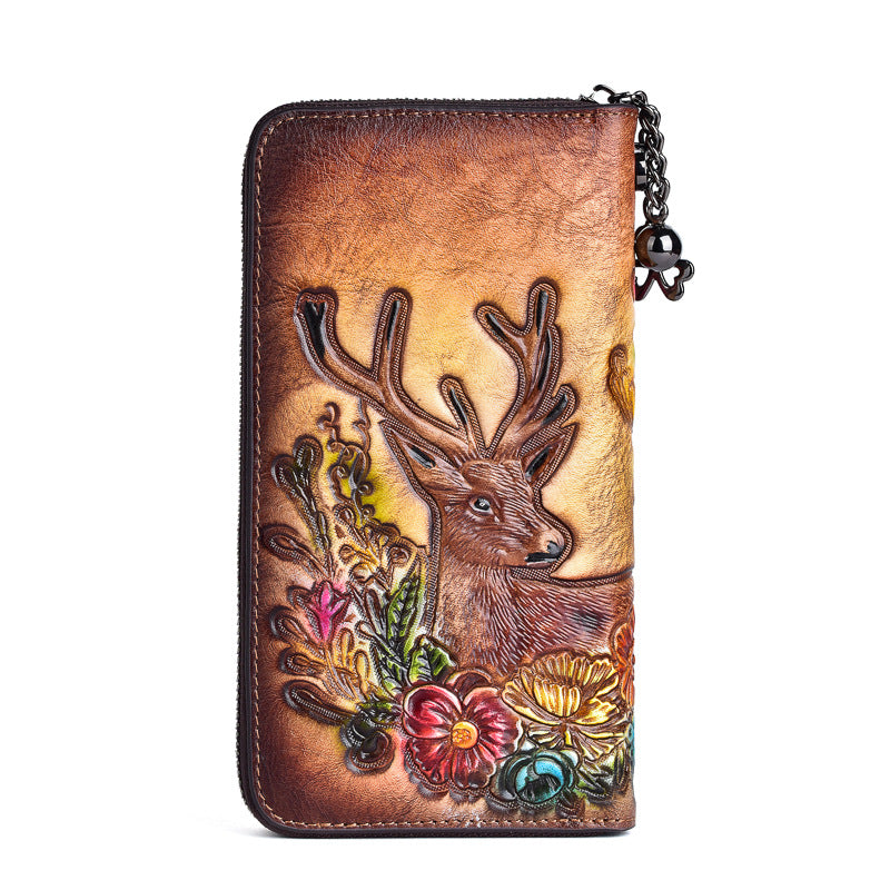 Women's First Layer Cowhide Deer Head Embossed Long Ladies Wallets