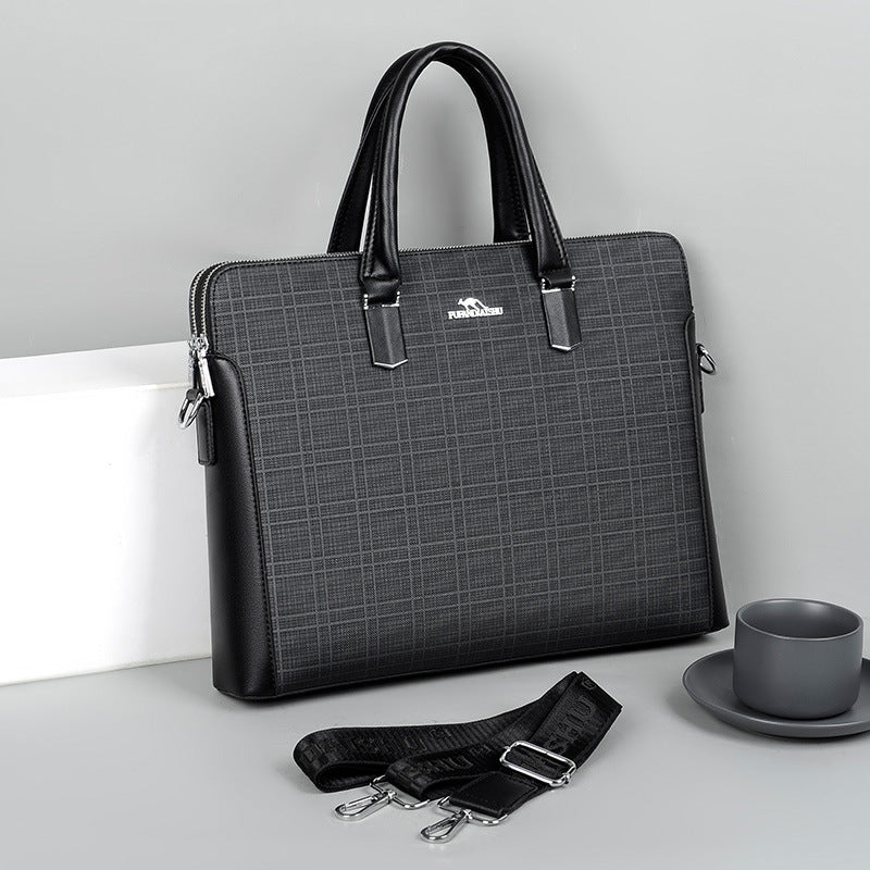 Men's Single Double Zipper Office Plaid Business Men's Handbags