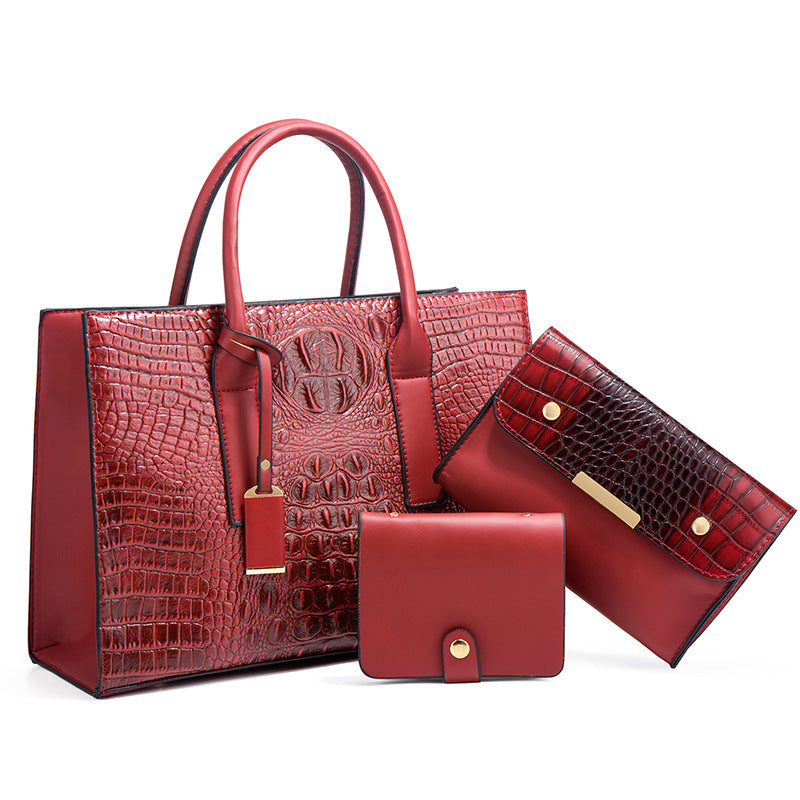 Women's Crocodile Pattern Portable Fashion Large Capacity Three-piece Handbags