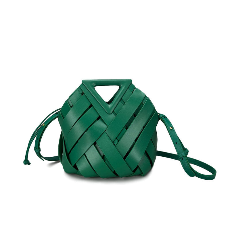 Women's Basket Triangle Magnetic Authentic Leather Weave Handbags