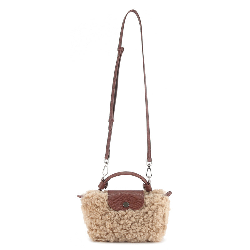 Women's Genuine Leather Lamb Wool Mini Portable Fur Bags