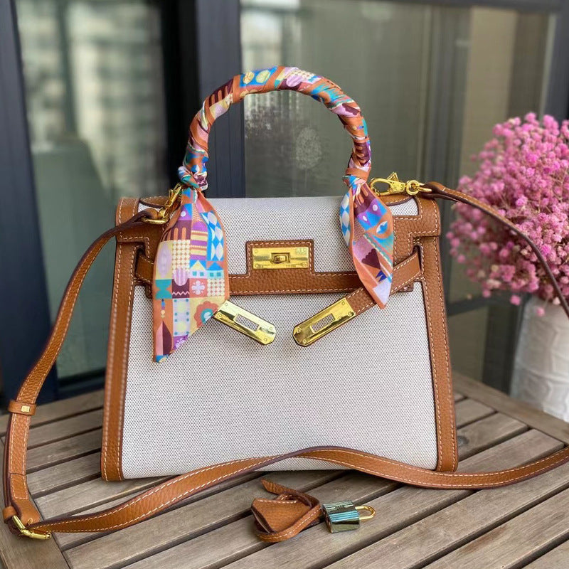 Women's Elegant Canvas With Contrast Color Leather Shoulder Bags
