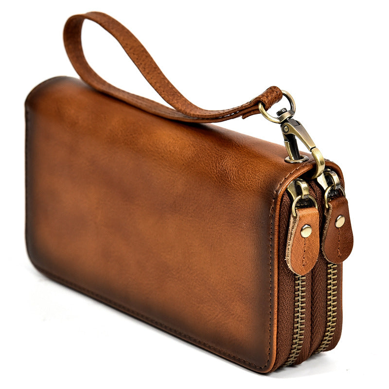 Men's Long Brushed Double Zip Business Retro Genuine Men's Wallets