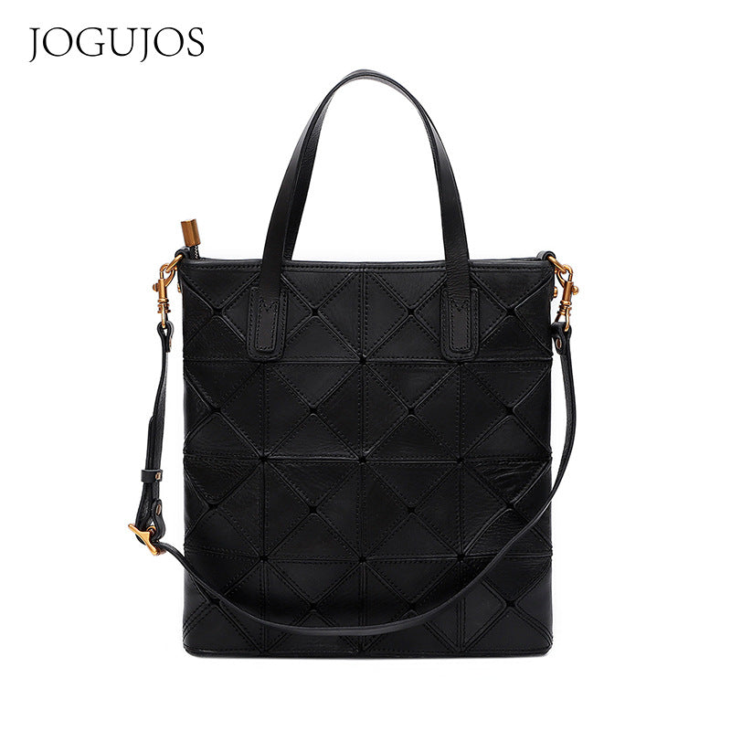 Women's Retro First Layer Cowhide Stitching Portable Shoulder Bags