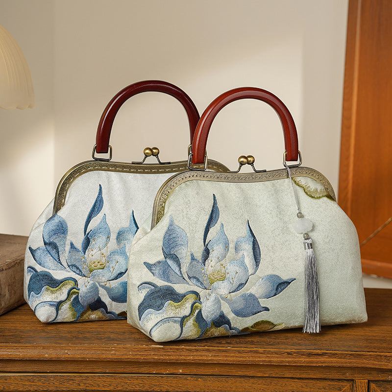 Lotus Flower Embroidered Ancient Style Cheongsam Banquet Bamboo Handbags