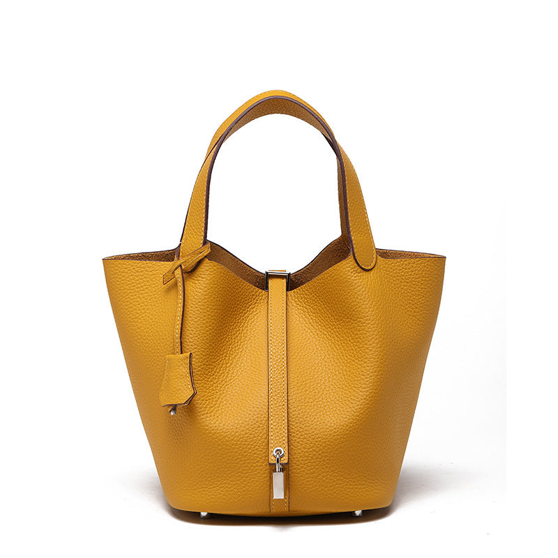 Women's Quality First Layer Cowhide Niche Basket Leather Large Bags