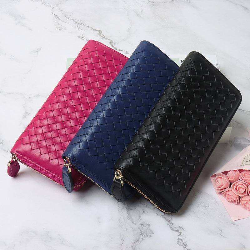 Women's & Men's Style Long Genuine Leather Hand-woven Sheepskin Ladies Wallets