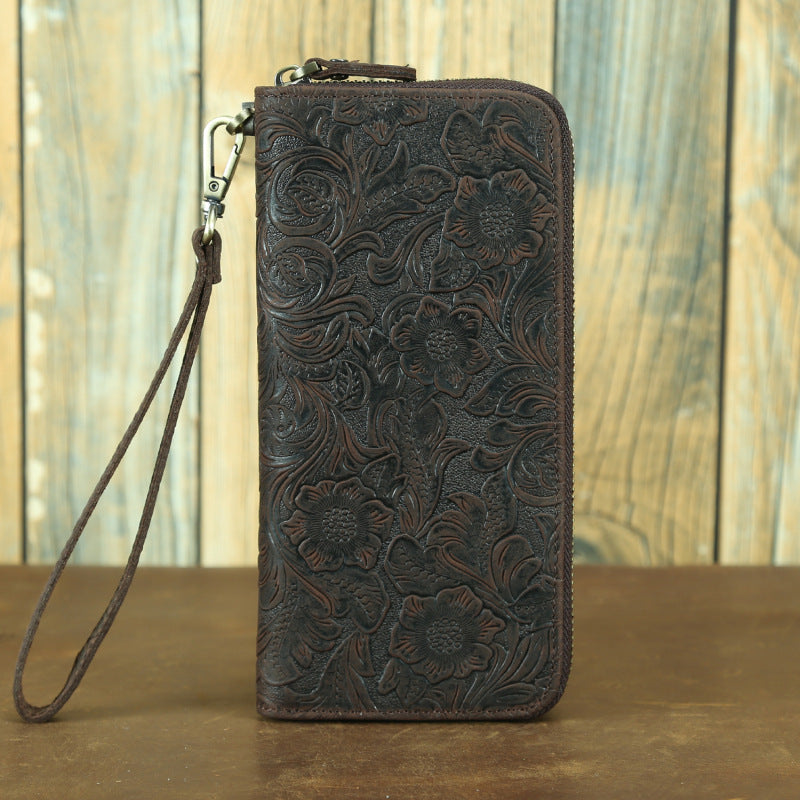 Men's Leather Long Zipper Clutch Retro Embossing Card Holder