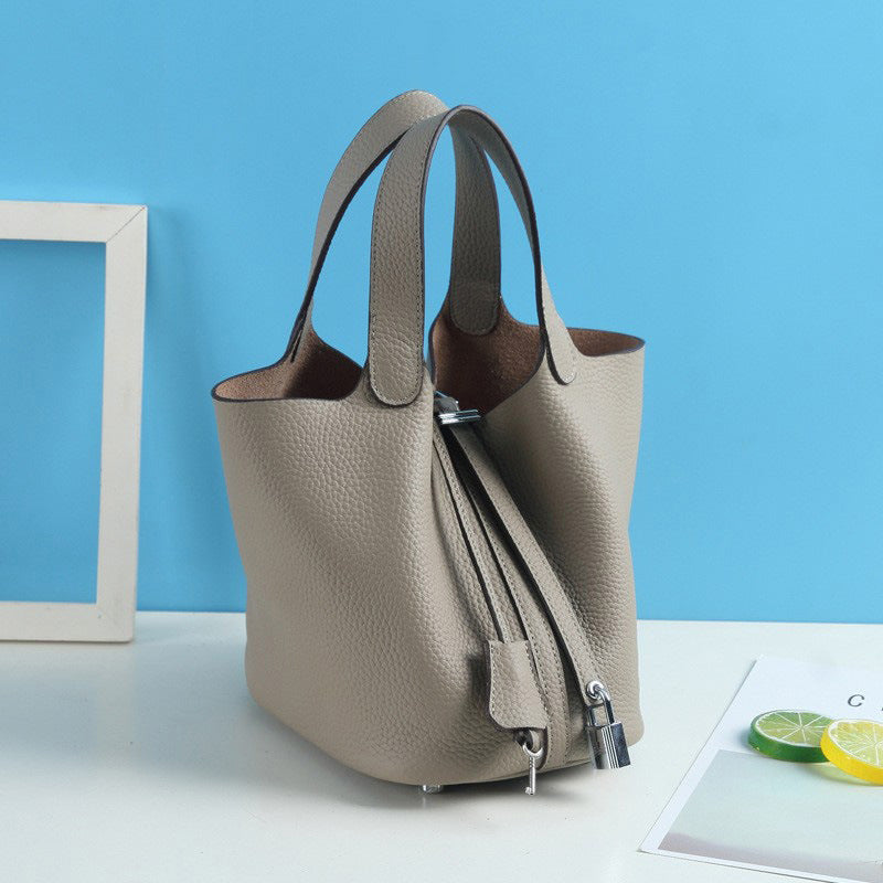 Lychee Pattern Vegetable Basket Genuine Leather Fashion First Layer Handbags