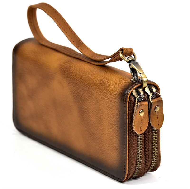 Men's Long Brushed Double Zip Business Retro Genuine Men's Wallets