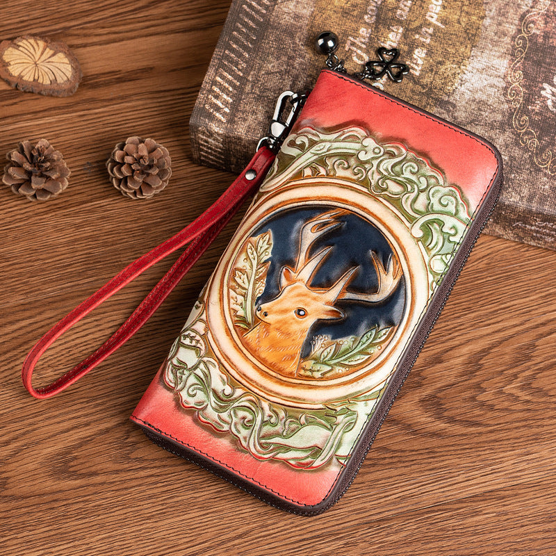 Women's Cowhide Live Broadcast Long Retro Deer Ladies Wallets