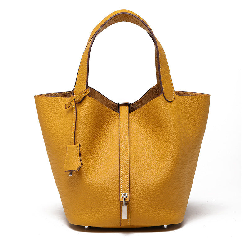 Women's Quality First Layer Cowhide Niche Basket Leather Large Bags