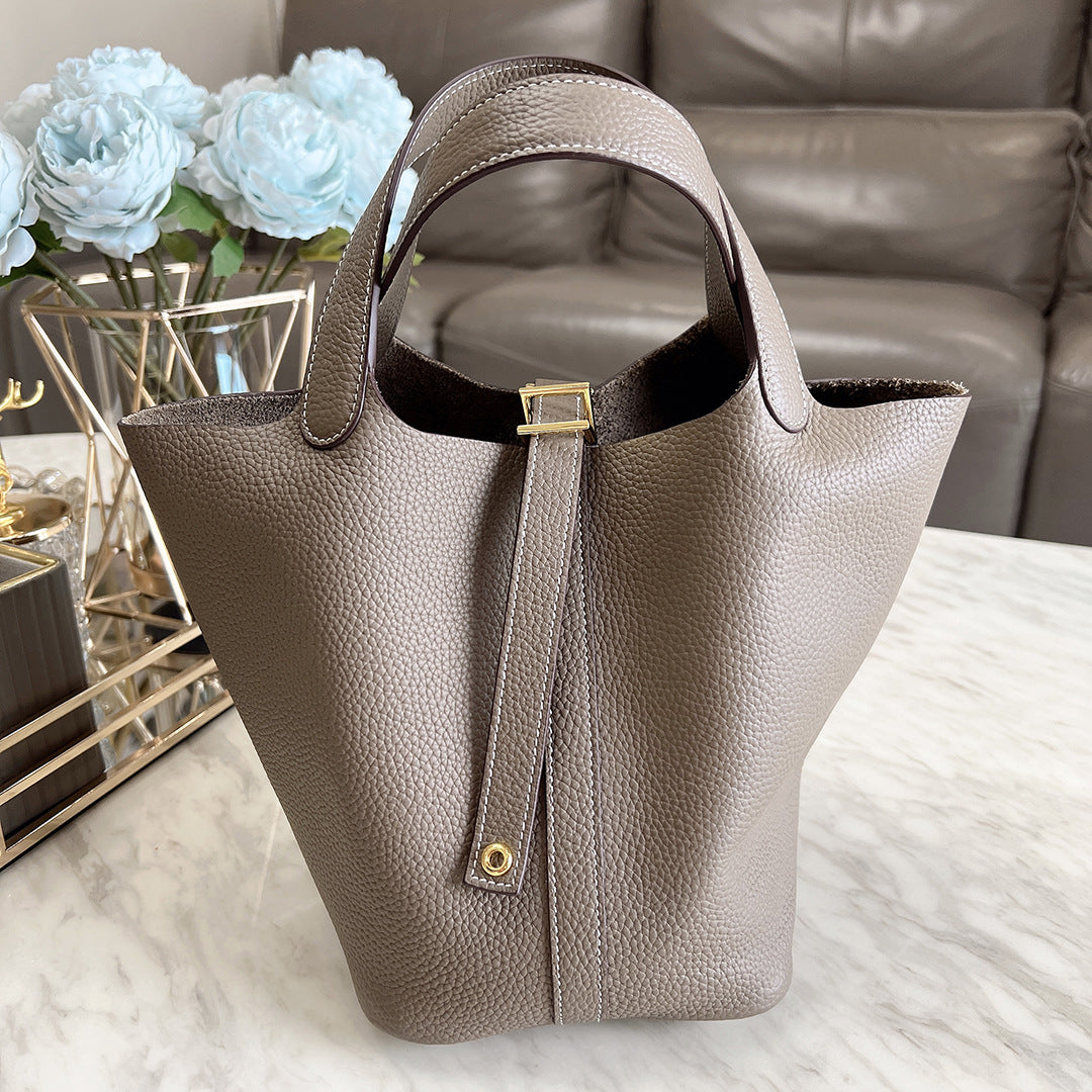 Women's Leather Vegetable Basket Lychee Pattern Cowhide Handbags