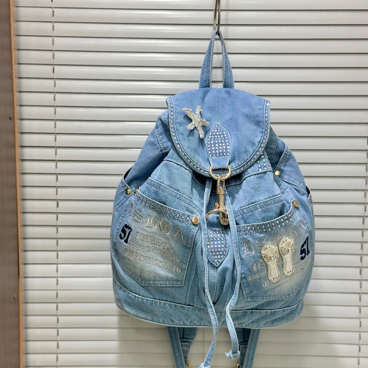 Women's Korean Jean Vintage With Diamonds Leisure Backpacks