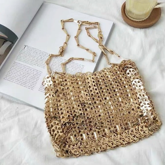 Women's Retro Metal Sequins Chain Hand-woven Sequin Underarm Shoulder Bags