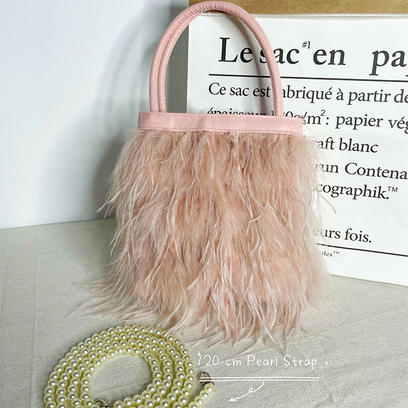 Women's Niche White Pearl Chain Fur Camel Handbags