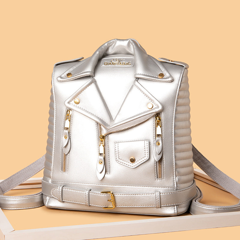 Women's Soft Leather Textured Jacket Trendy Wild Backpacks