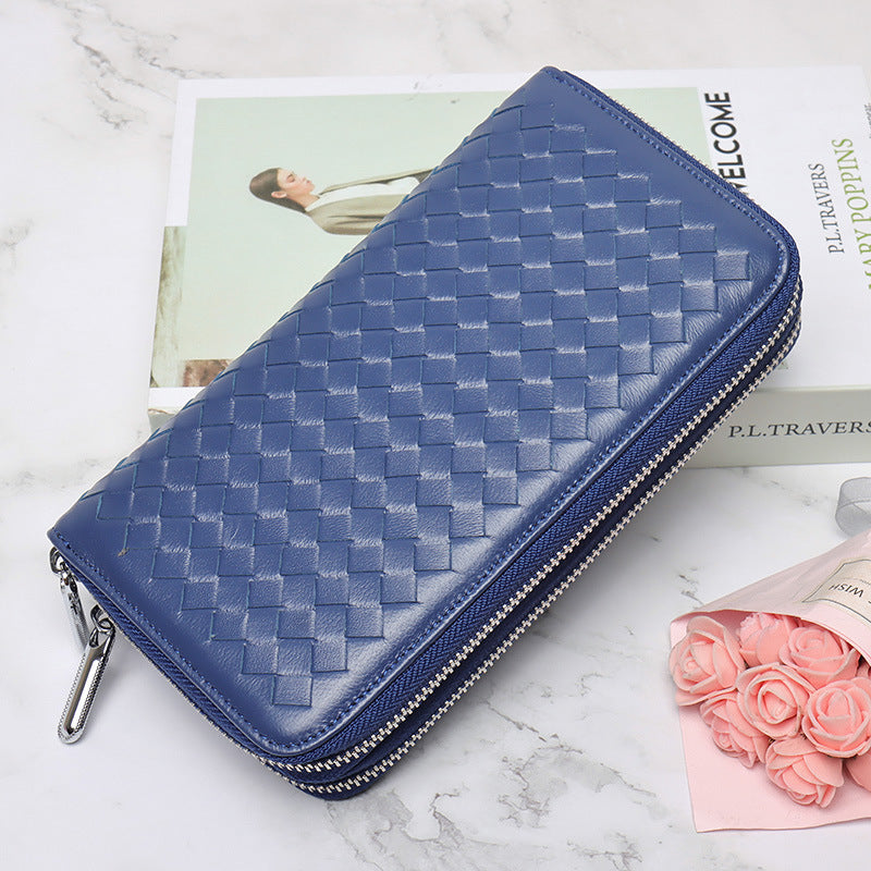 Women's Fashion Long Authentic Leather Sheepskin Hand-woven Ladies Wallets