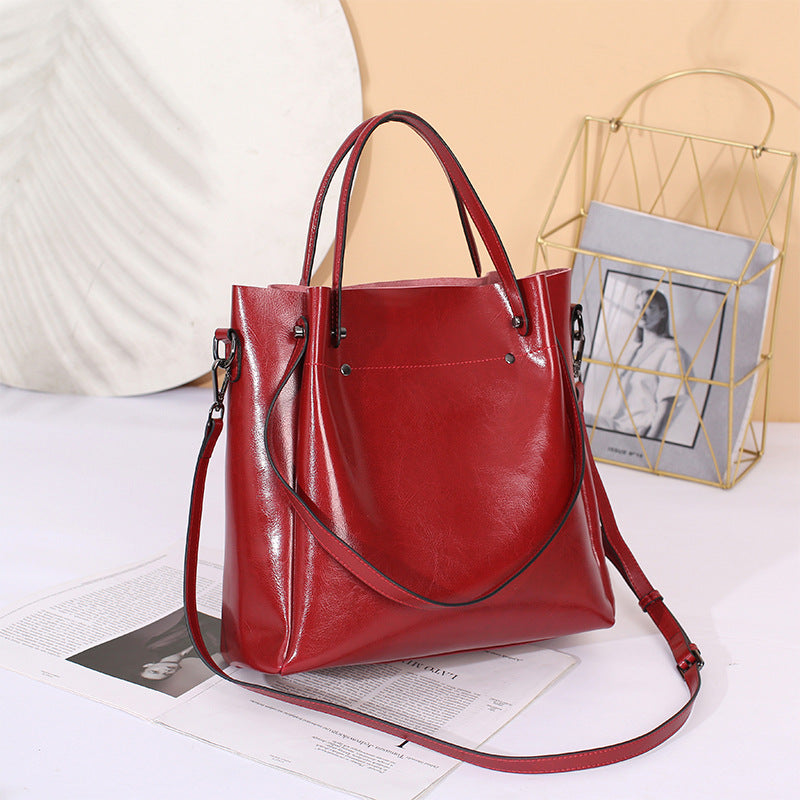 Women's Genuine Leather Oil Wax Simple Big Handbags