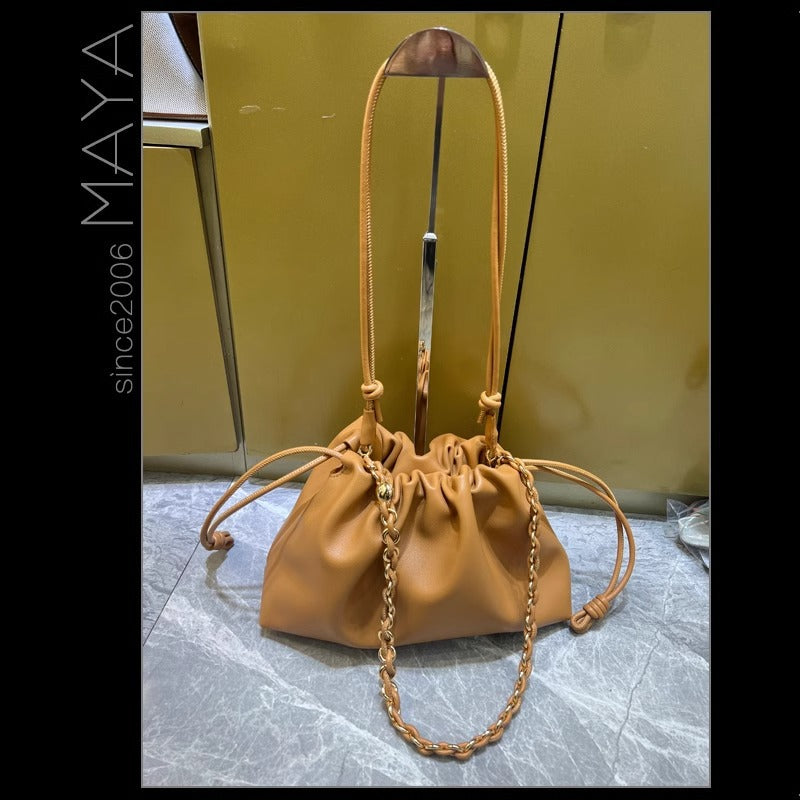 Women's Lucky Soft Cowhide Clutch Drawstring Genuine Shoulder Bags