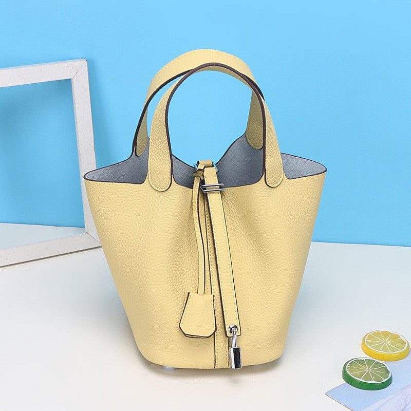 Lychee Pattern Vegetable Basket Genuine Leather Fashion First Layer Handbags