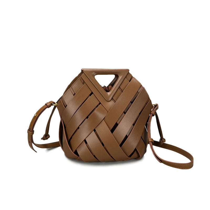 Women's Basket Triangle Magnetic Authentic Leather Weave Handbags