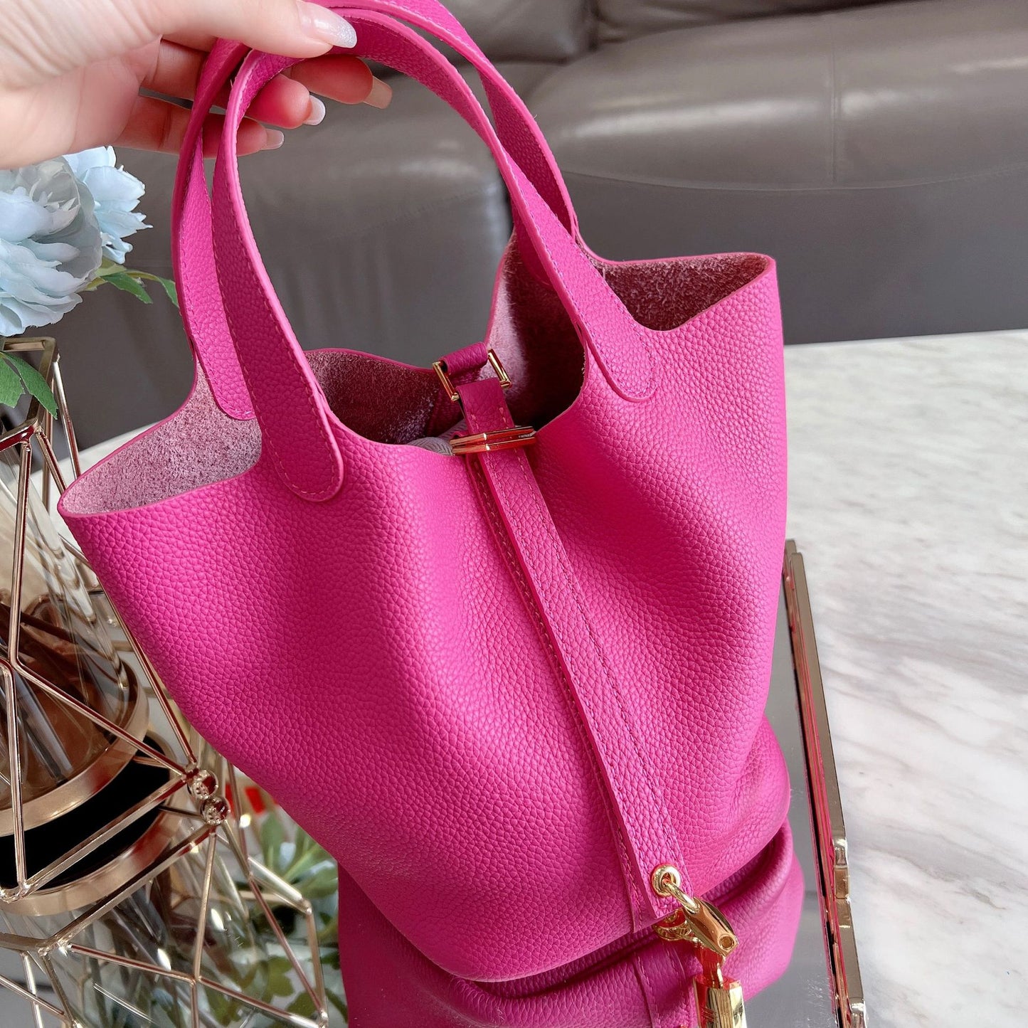 Women's Genuine Leather Vegetable Basket Rose Red Handbags
