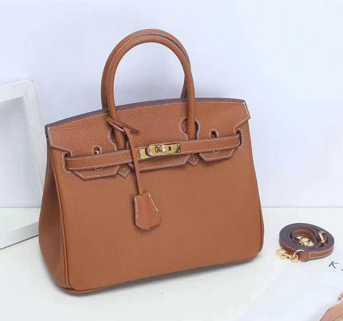 Women's Lychee Pattern Kelly Genuine Leather First Handbags