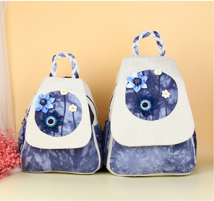 Women's Handmade Fabric Flower Double Layer Zipper Backpacks