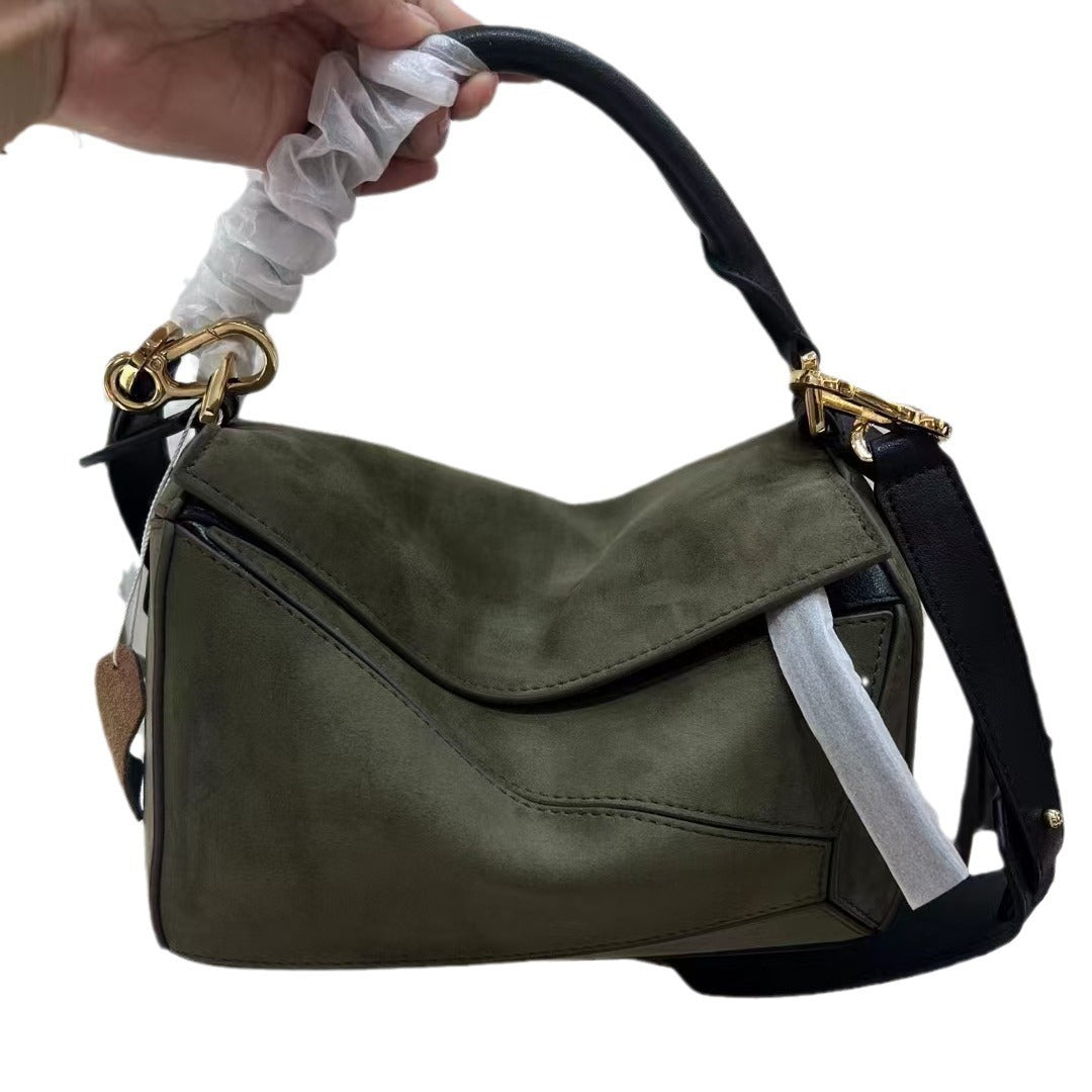 Vintage Geometric Frosted Cowhide Portable Fashion Handbags