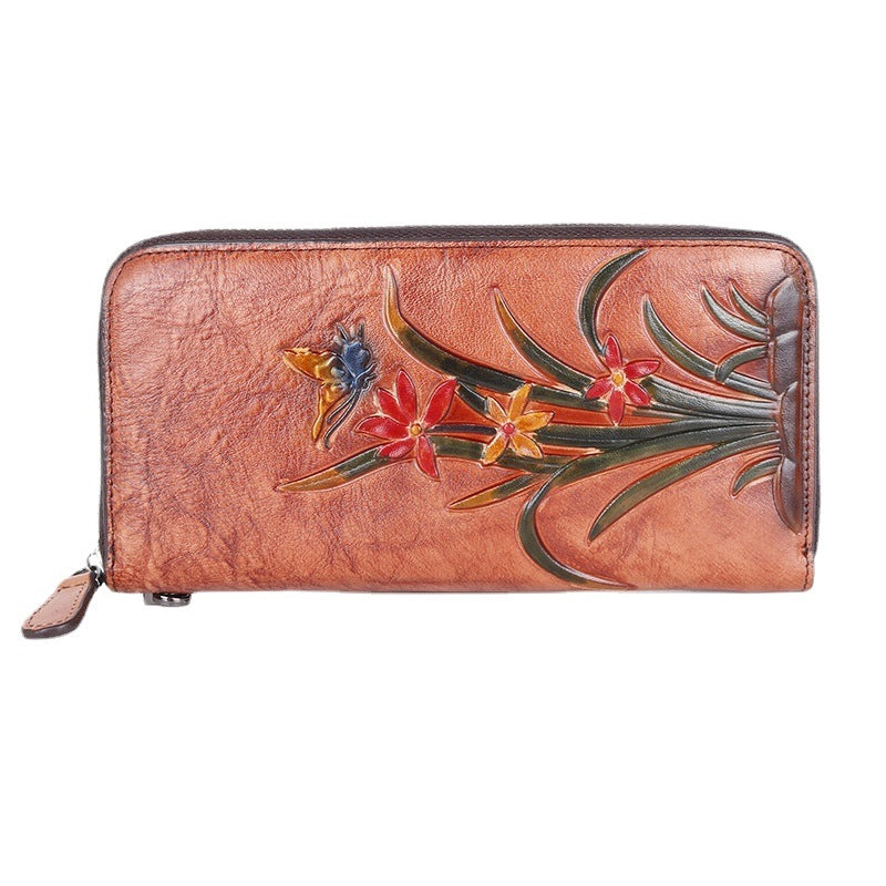 Cowhide Retro Style Multiple Slots Long Ladies Wallets