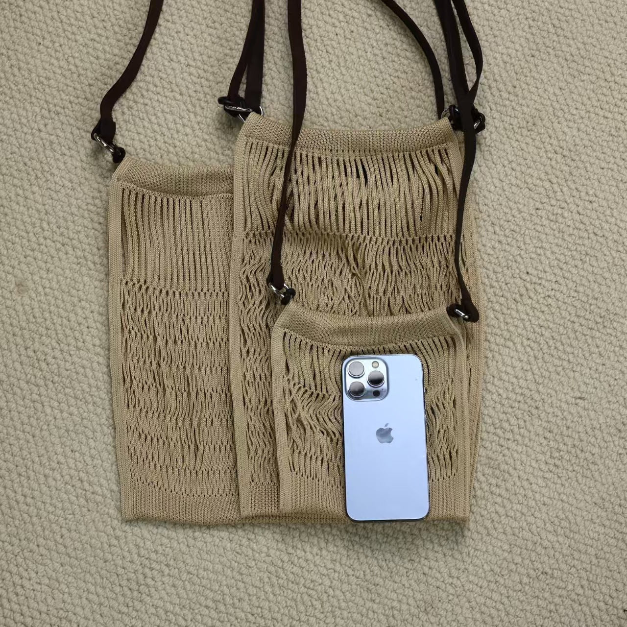 Women's Vegetable Tanned Leather Net Fishnet Woven Shoulder Bags