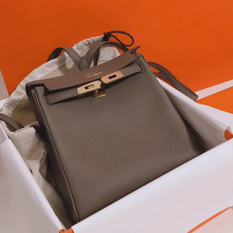 Women's First Layer Cowhide Lychee Pattern Kelly Backpacks